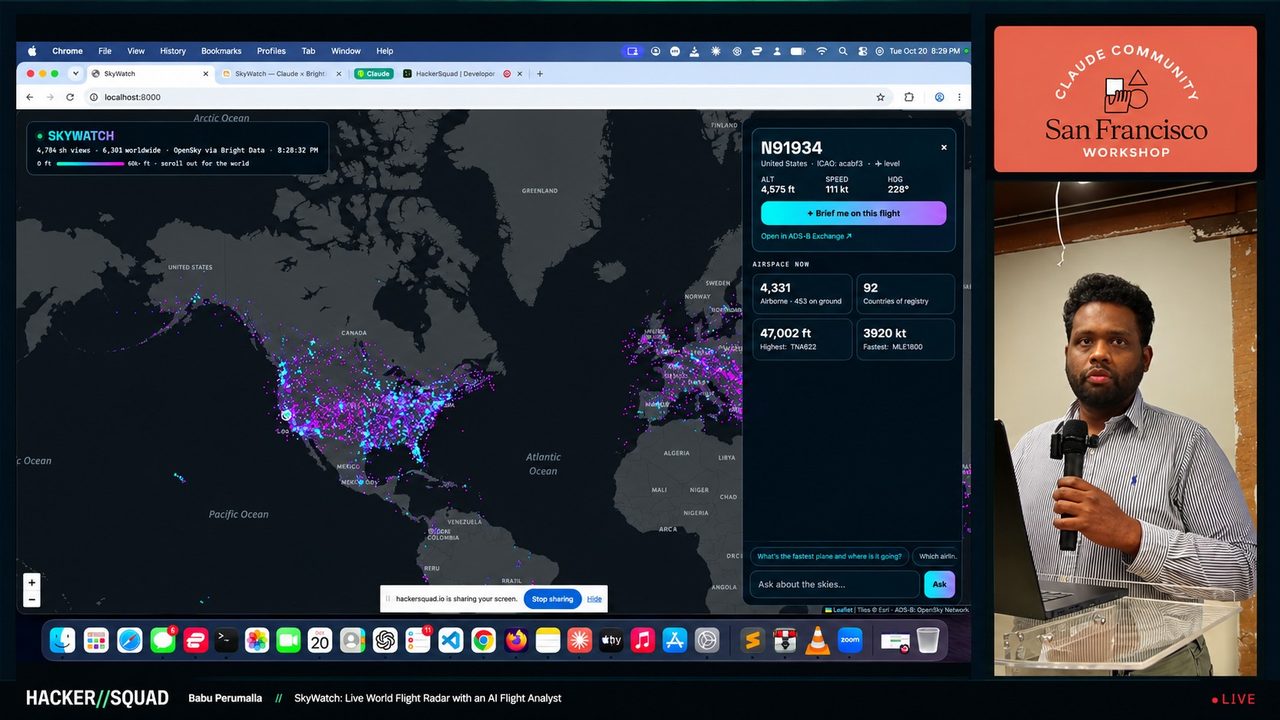 Babu presenting SkyWatch live at the Claude Community San Francisco workshop, with the world flight map on screen